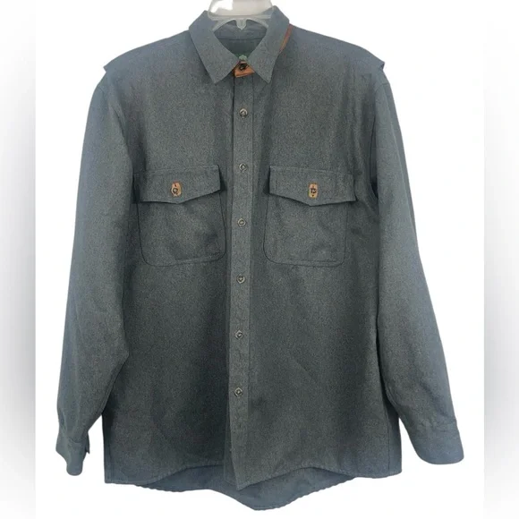 Schnees rifleman flannel shacket in grey w/leather trim collar. Size large GUC - Picture 5 of 11